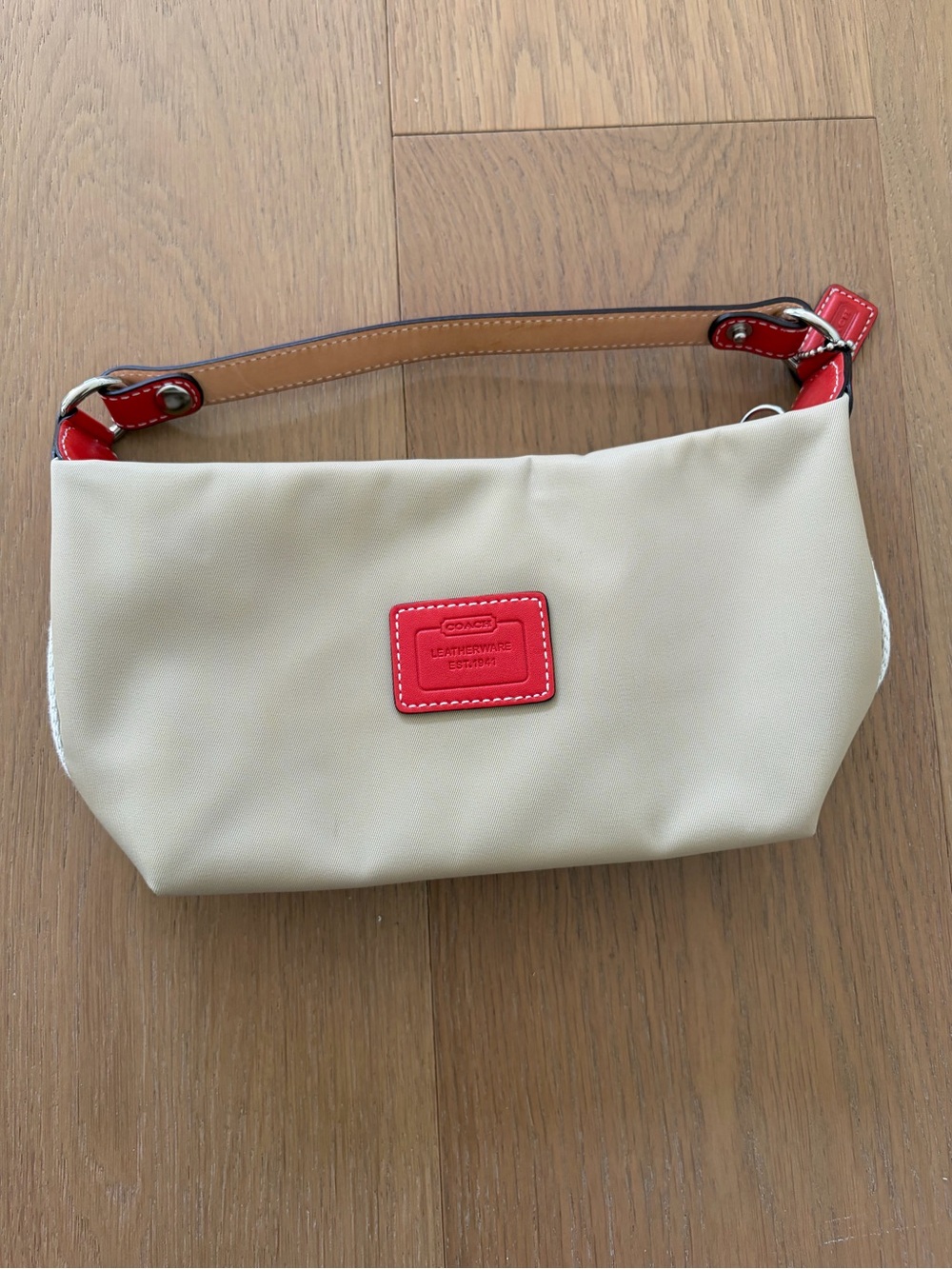 Coach Beige Wristlet with Red Leather Accents